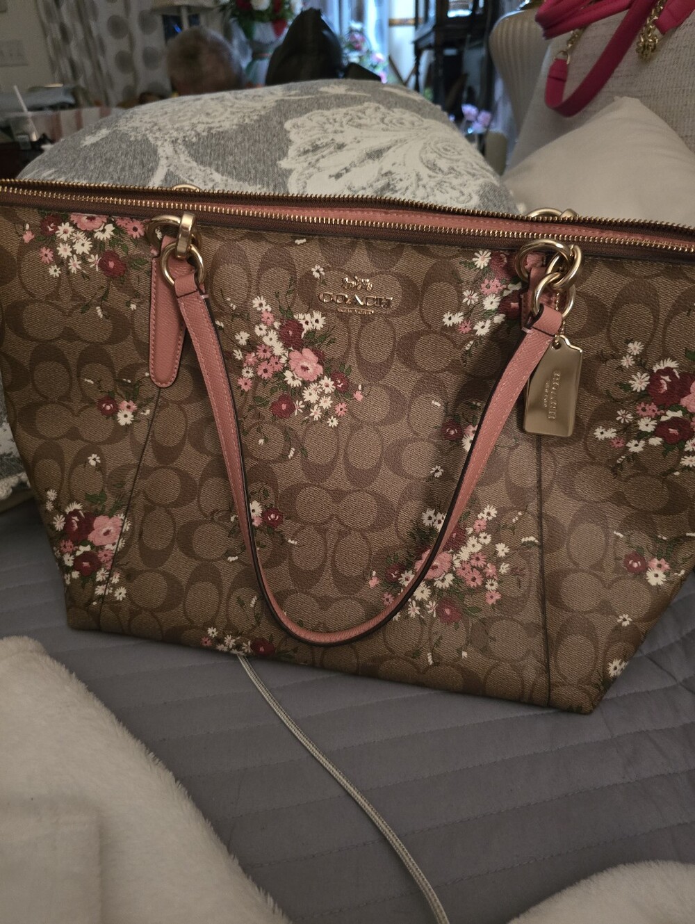 Coach Brown Floral Signature Tote with Pink Handles - Picture 5 of 5